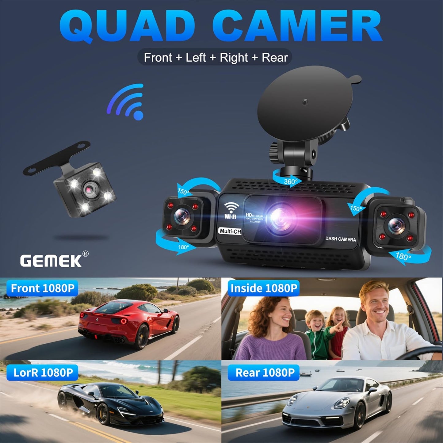 4 Channel Dash Cam 360° View 5G Wifi & APP Control, 2K Front and Rear Inside, Left Right Dash Camera for Cars Free 64GB TF Card, G-Sensor, Night Vision, 24H Parking Mode