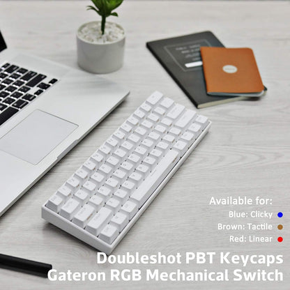 2D, 60% Wired/Wireless Mechanical Keyboard (Kailh Box White Switch/White Case) - Full Keys Programmable - True RGB Backlit - Tap Arrow Keys - Double Shot PBT Keycaps - NKRO - 1900Mah Battery