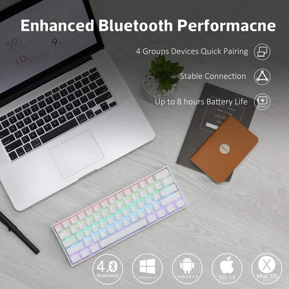 2D, 60% Wired/Wireless Mechanical Keyboard (Kailh Box White Switch/White Case) - Full Keys Programmable - True RGB Backlit - Tap Arrow Keys - Double Shot PBT Keycaps - NKRO - 1900Mah Battery