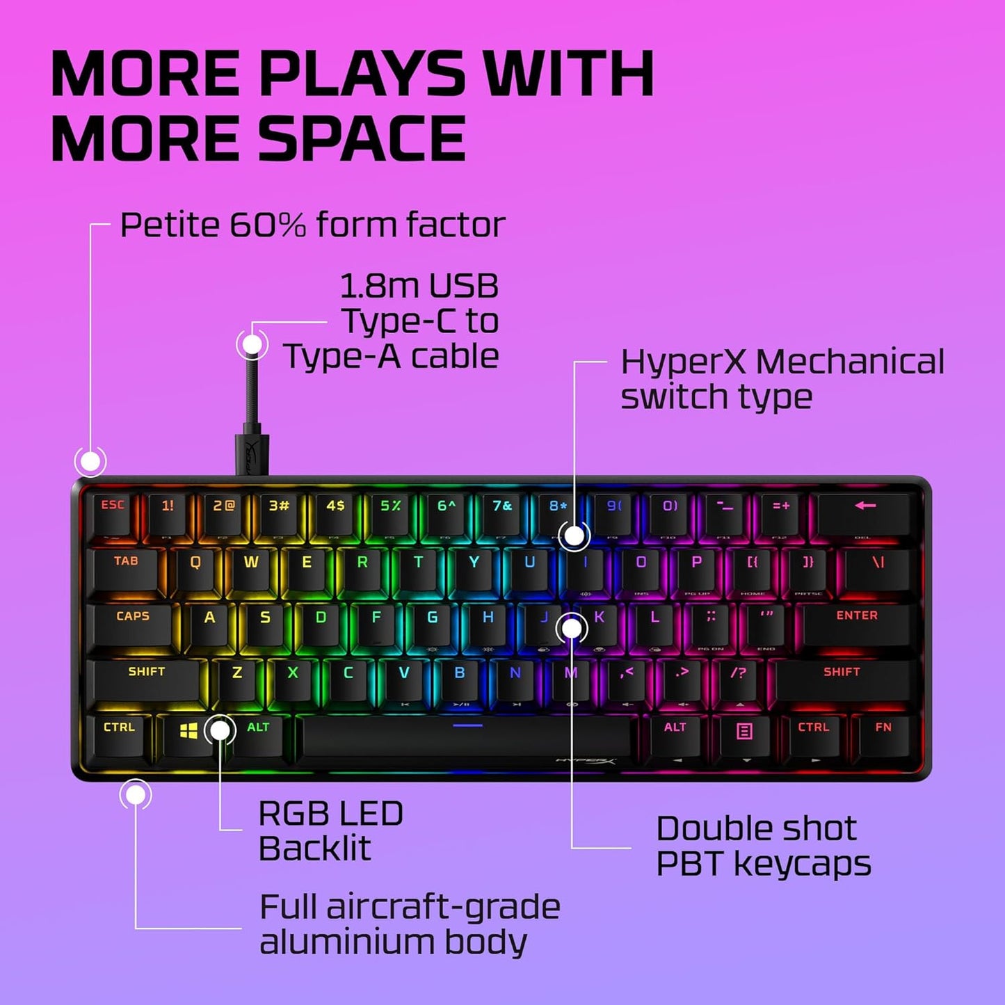 Alloy Origins 60 - Mechanical Gaming Keyboard - Ultra Compact 60% Form Factor - Tactile Aqua Switch - Double Shot PBT Keycaps - RGB LED Backlit - NGENUITY Software Compatible,Black